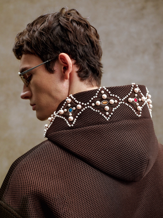 YADcrew Colorful Gemstone Pearl Mesh Zip Up Hoodie | Face 3 Face