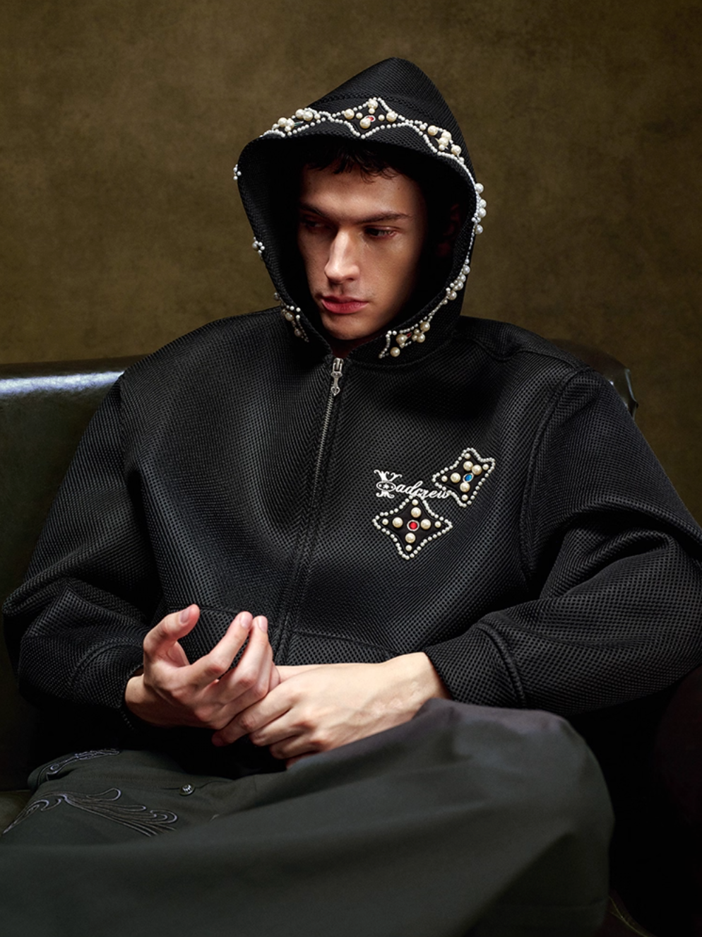 YADcrew Colorful Gemstone Pearl Mesh Zip Up Hoodie | Face 3 Face