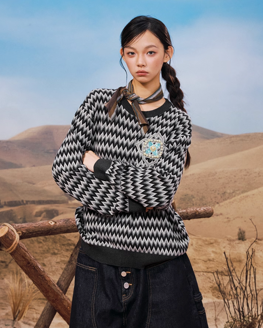 YADcrew Sequin Cross Flower Wave Pattern Knit Sweater | Face 3 Face