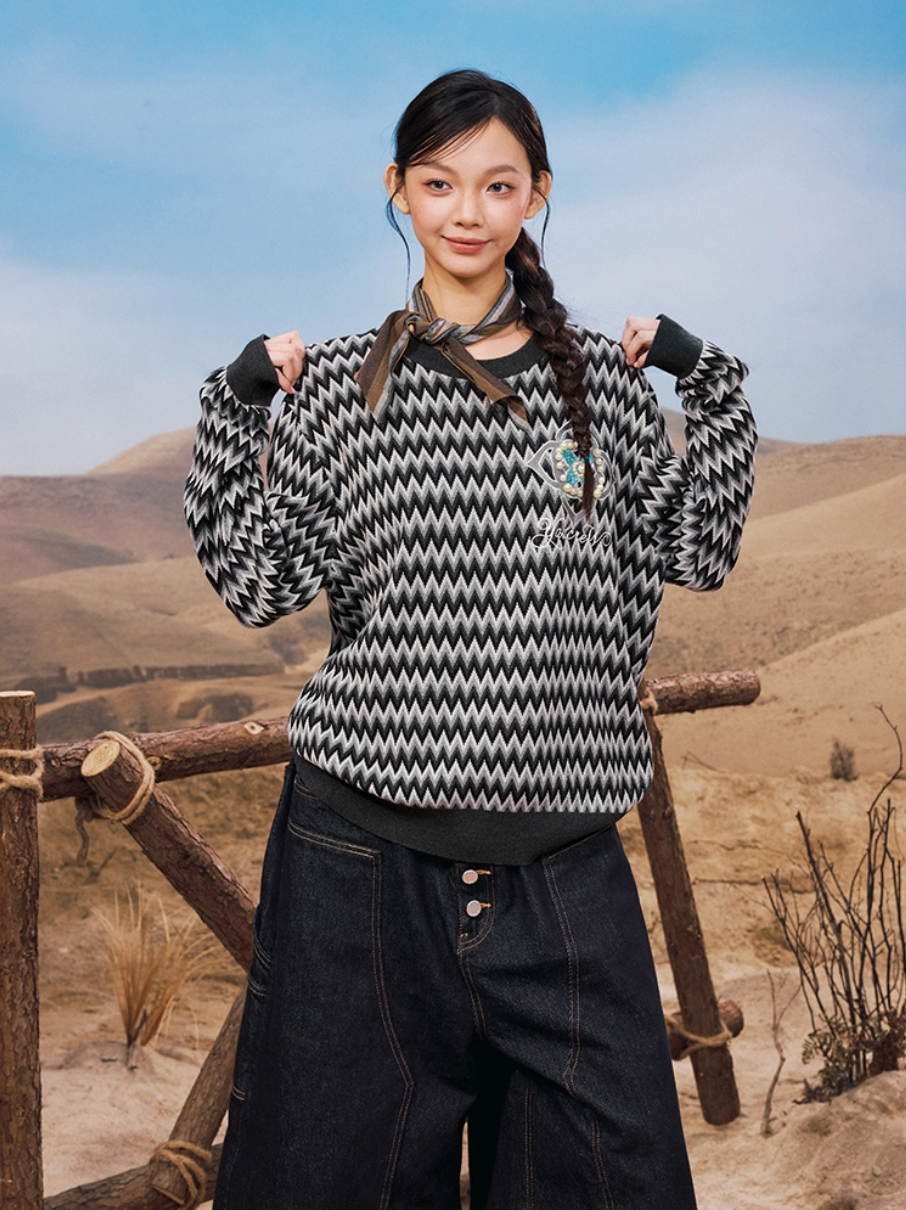 YADcrew Sequin Cross Flower Wave Pattern Knit Sweater | Face 3 Face