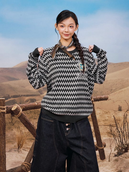 YADcrew Sequin Cross Flower Wave Pattern Knit Sweater | Face 3 Face