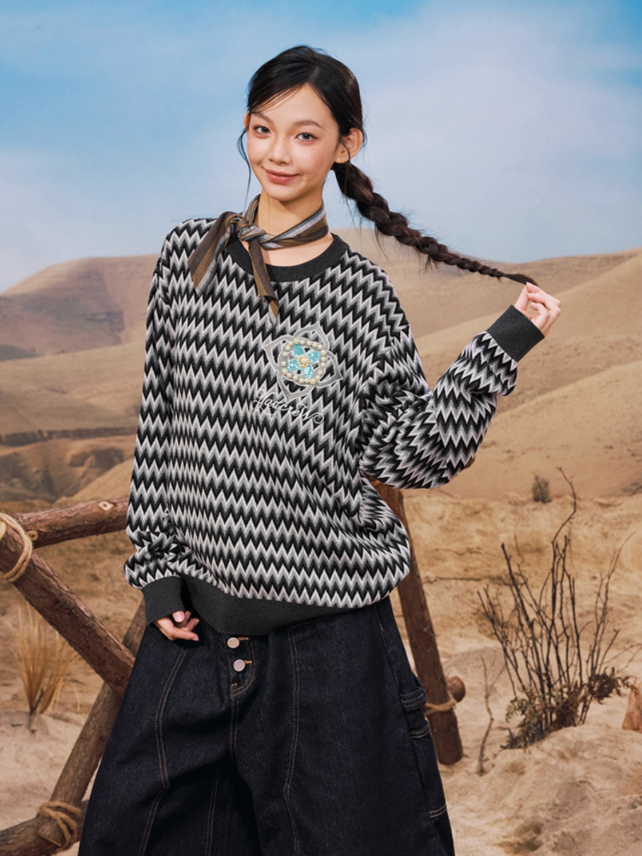 YADcrew Sequin Cross Flower Wave Pattern Knit Sweater | Face 3 Face