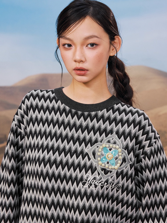 YADcrew Sequin Cross Flower Wave Pattern Knit Sweater | Face 3 Face