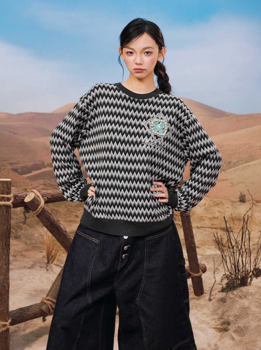 YADcrew Sequin Cross Flower Wave Pattern Knit Sweater | Face 3 Face