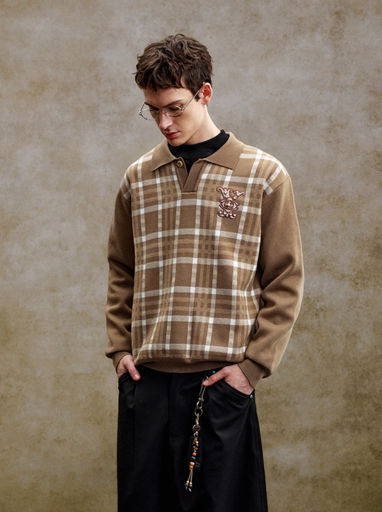 YADcrew Pearl Logo Embroidery Plaid Polo Knit Sweater | Face 3 Face