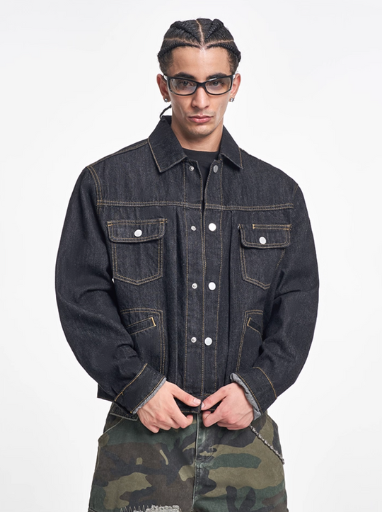 F3F Select Orange Stitching Black Denim Jacket | Face 3 Face