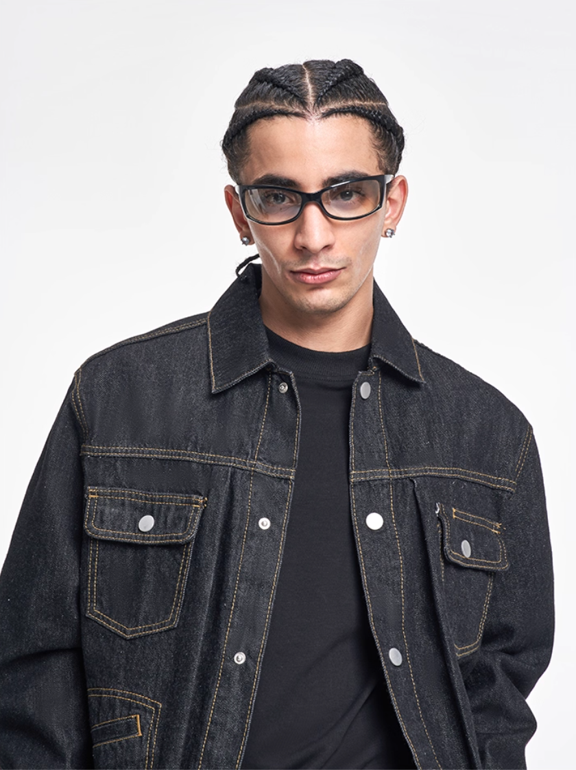 F3F Select Orange Stitching Black Denim Jacket | Face 3 Face