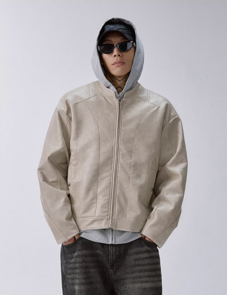 F2CE Patchwork Grain PU Leather Racing Jacket | Face 3 Face