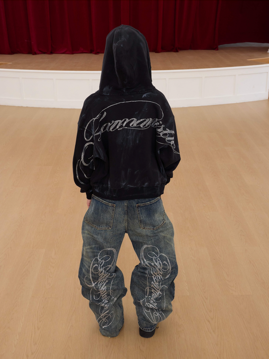 KARMANISTIC Washed Distressed Rhinestone Baggy Jeans | Face 3 Face