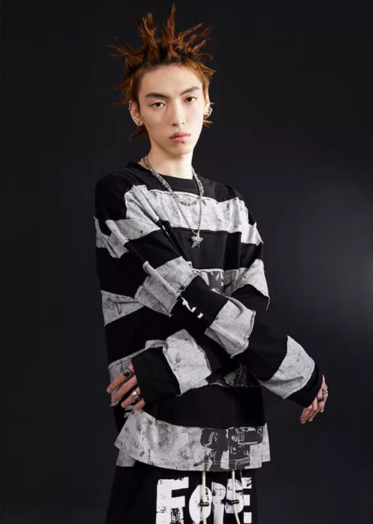 VENTUREK Black Gray Patchwork Long Sleeve Tee | Face 3 Face