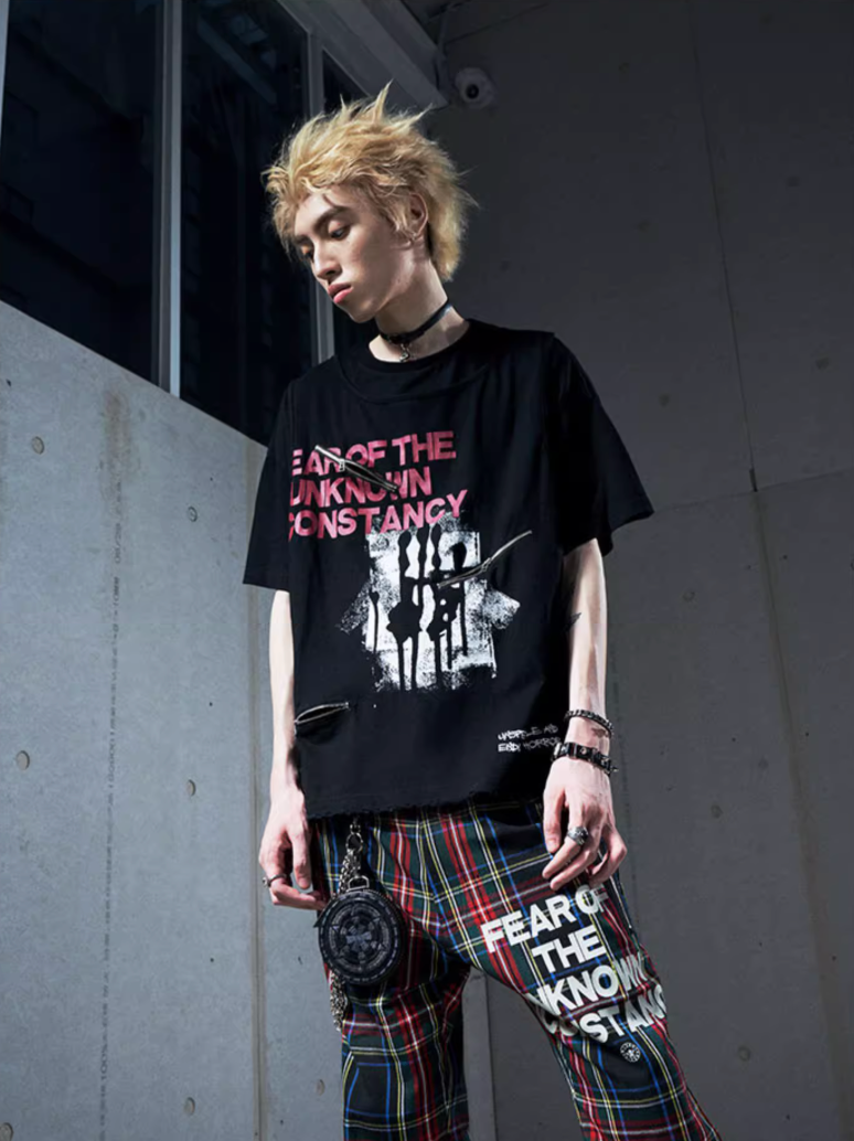 VENTUREK Double Layer Multi Zipper Destroyed Punk Rock Print Tee | Face 3 Face