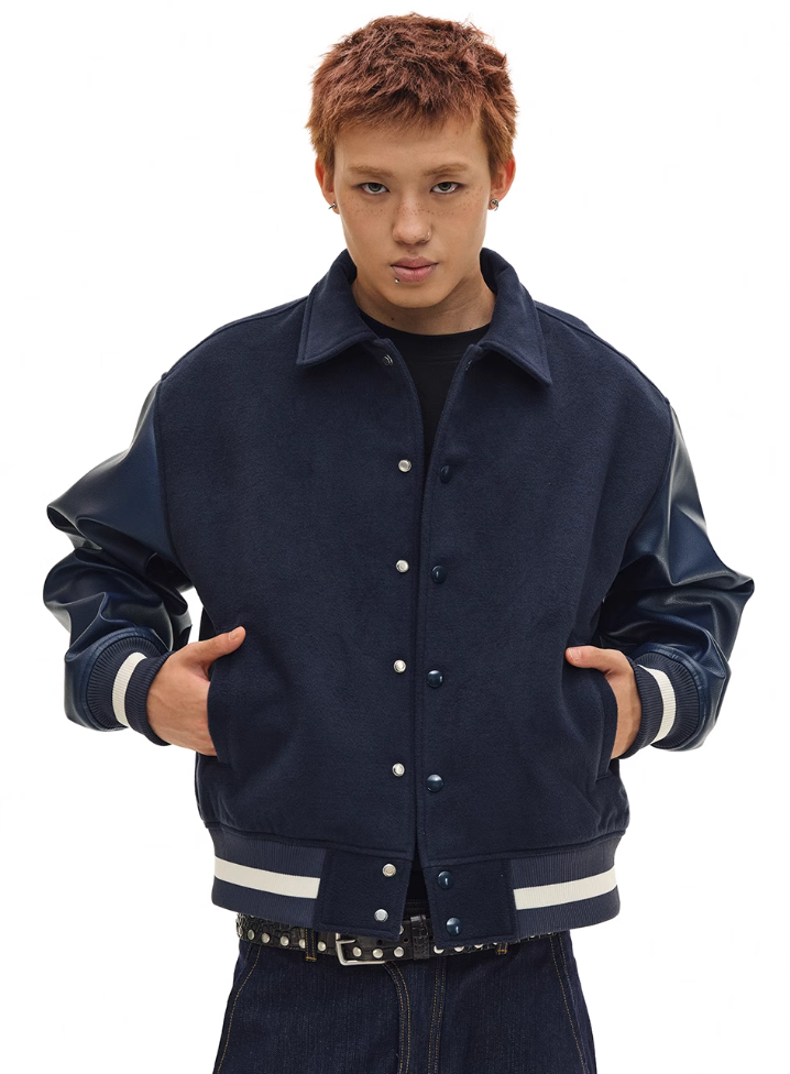NOVACAM Navy Blue Short Basic Varsity Jacket | Face 3 Face