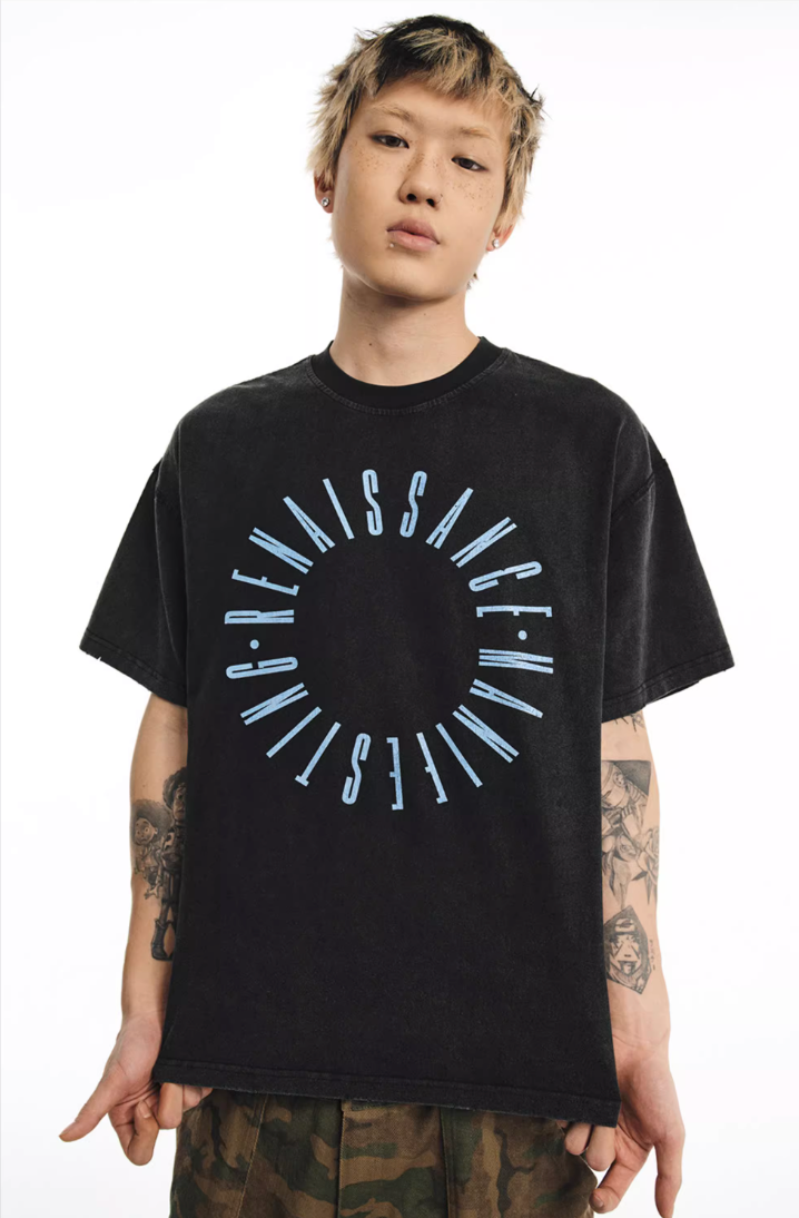NOVACAM Circle Letter Vintage Washed Black Stitch Tee | Face 3 Face