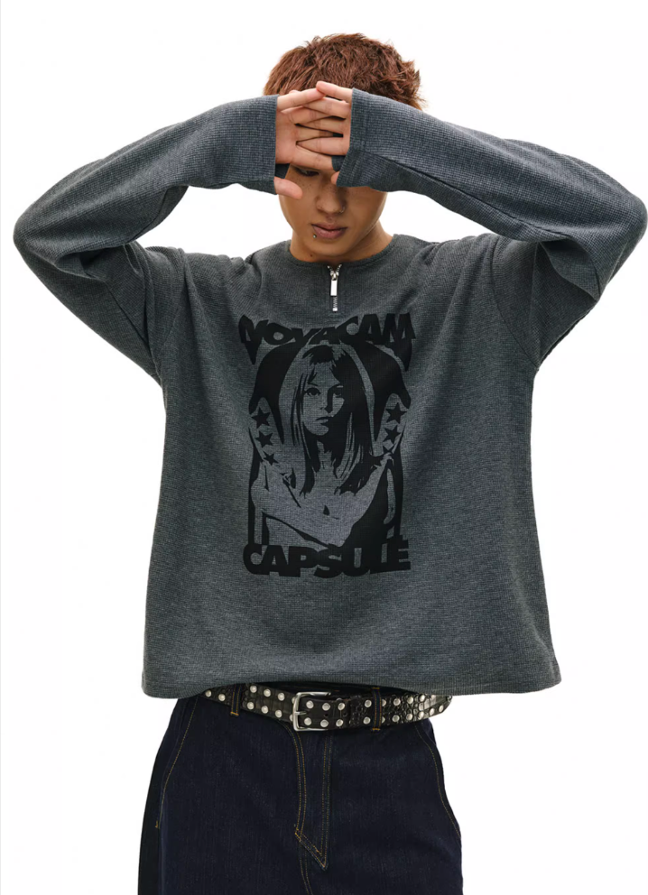 NOVACAM Waffle Vintage Print Zip Long Sleeve Tee | Face 3 Face