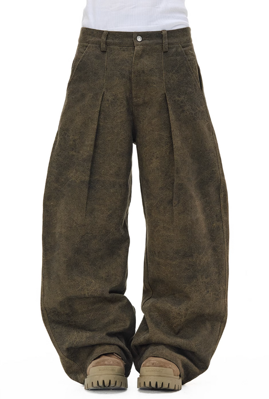 NOVACAM Brown Washed Tuck Baggy Pants | Face 3 Face