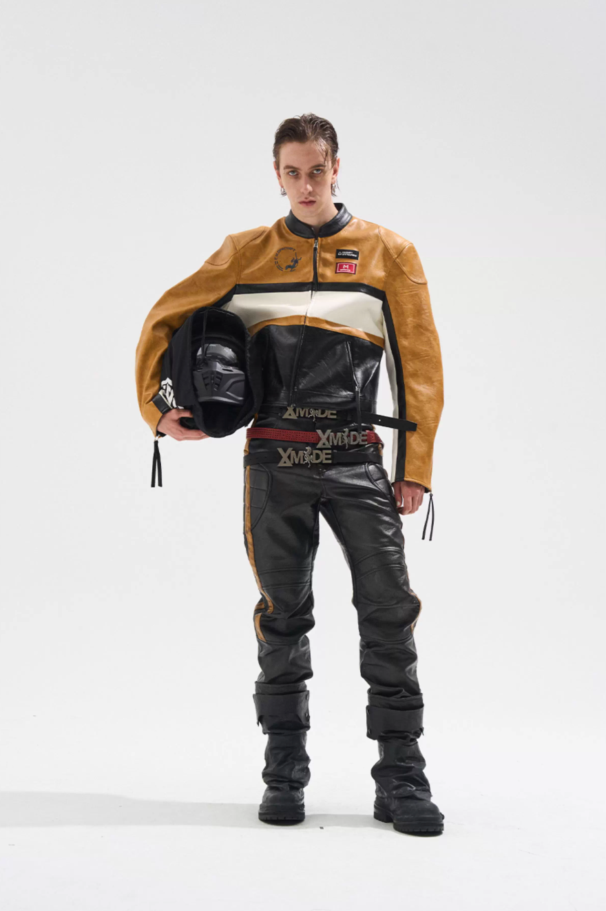 BLIND NO PLAN Color Block Short Racing Leather Jacket | Face 3 Face