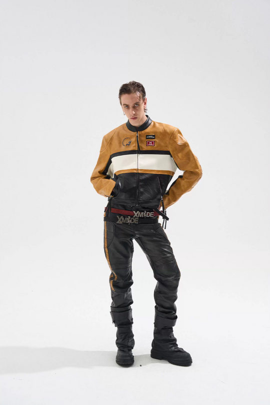 BLIND NO PLAN Color Block Short Racing Leather Jacket | Face 3 Face