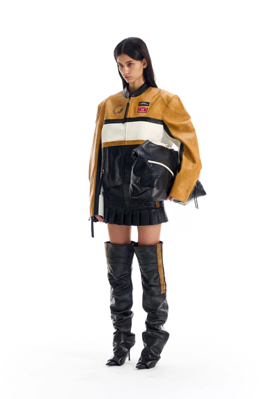 BLIND NO PLAN Color Block Short Racing Leather Jacket | Face 3 Face