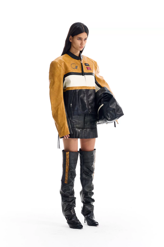 BLIND NO PLAN Color Block Short Racing Leather Jacket | Face 3 Face