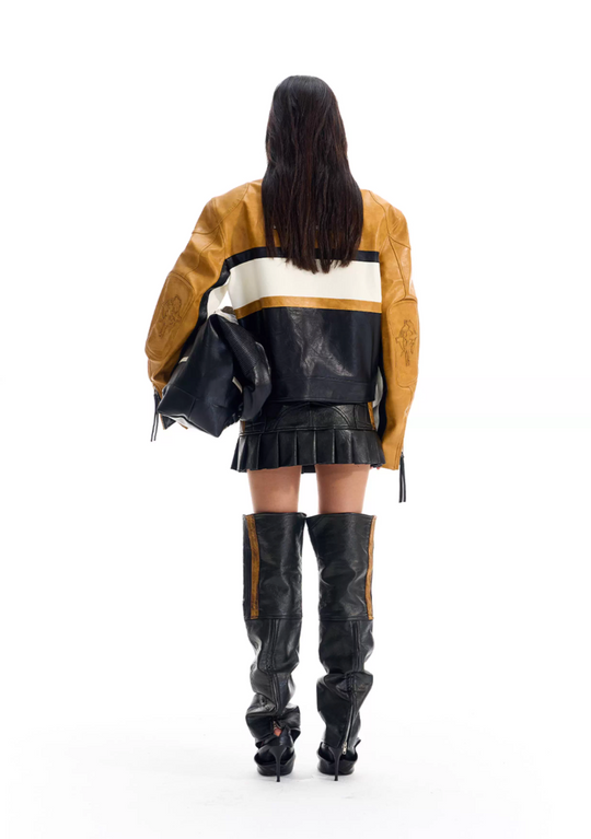 BLIND NO PLAN Color Block Short Racing Leather Jacket | Face 3 Face