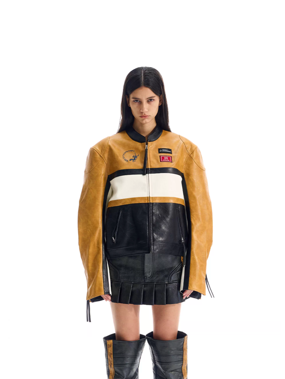 BLIND NO PLAN Color Block Short Racing Leather Jacket | Face 3 Face