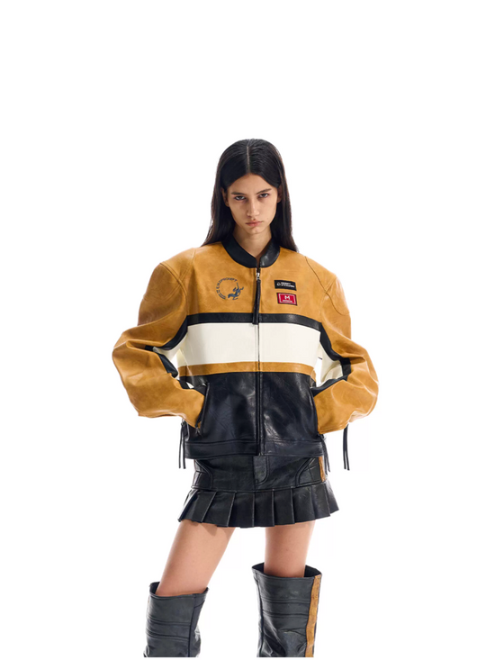 BLIND NO PLAN Color Block Short Racing Leather Jacket | Face 3 Face