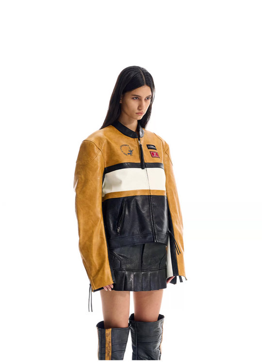 BLIND NO PLAN Color Block Short Racing Leather Jacket | Face 3 Face