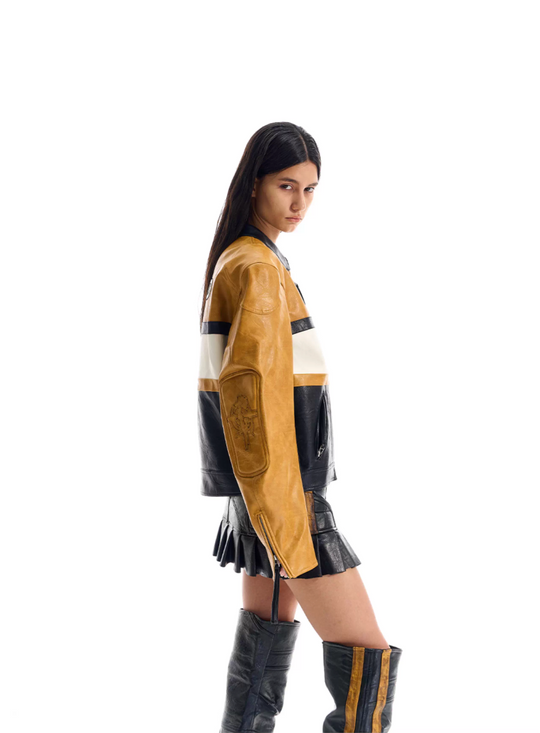BLIND NO PLAN Color Block Short Racing Leather Jacket | Face 3 Face