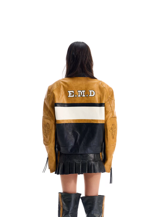 BLIND NO PLAN Color Block Short Racing Leather Jacket | Face 3 Face