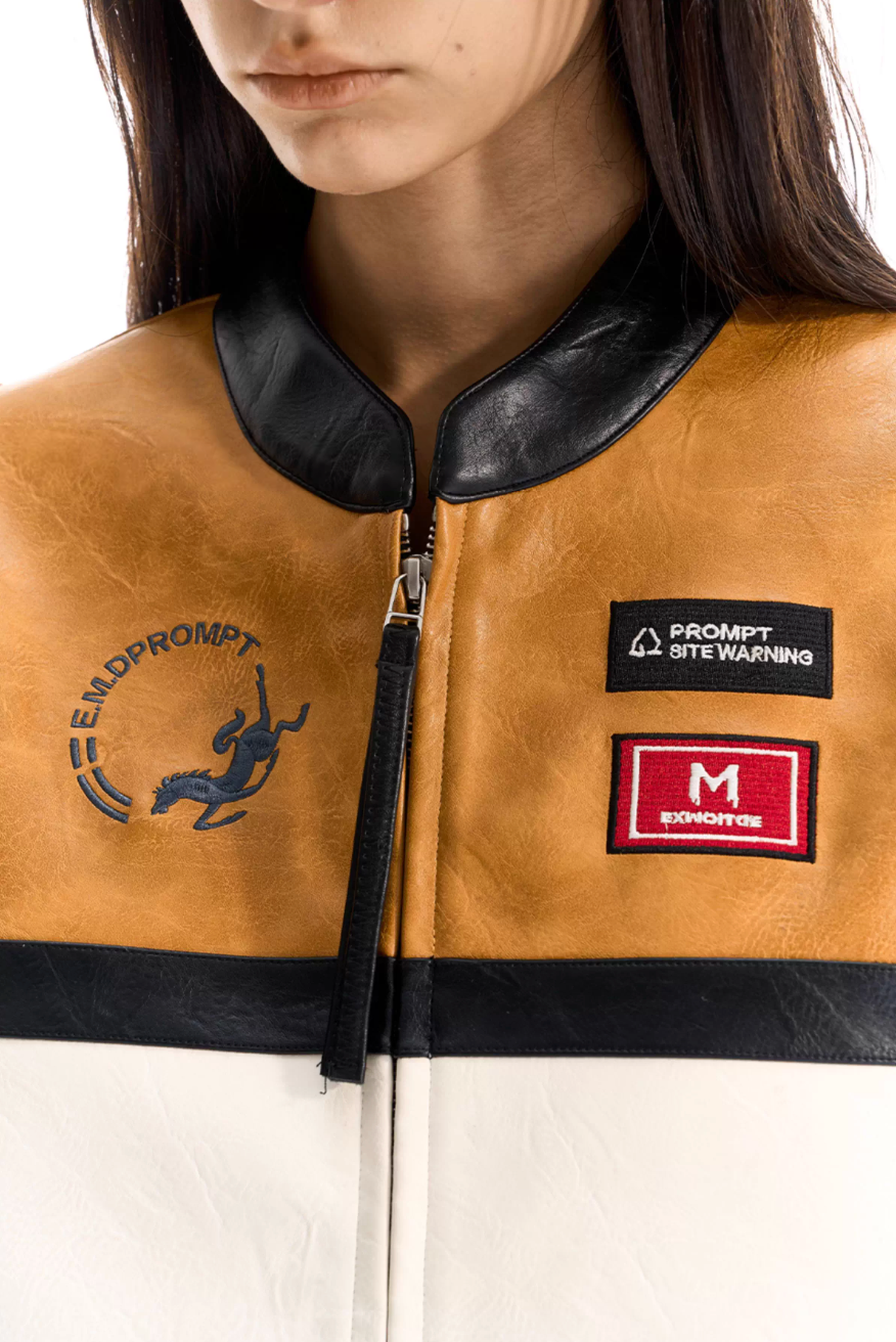 BLIND NO PLAN Color Block Short Racing Leather Jacket | Face 3 Face