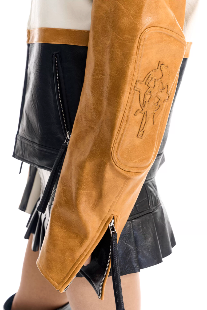 BLIND NO PLAN Color Block Short Racing Leather Jacket | Face 3 Face