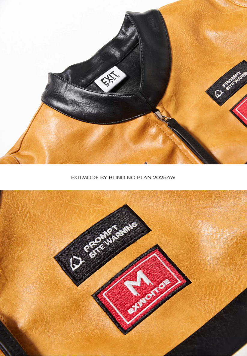 BLIND NO PLAN Color Block Short Racing Leather Jacket | Face 3 Face