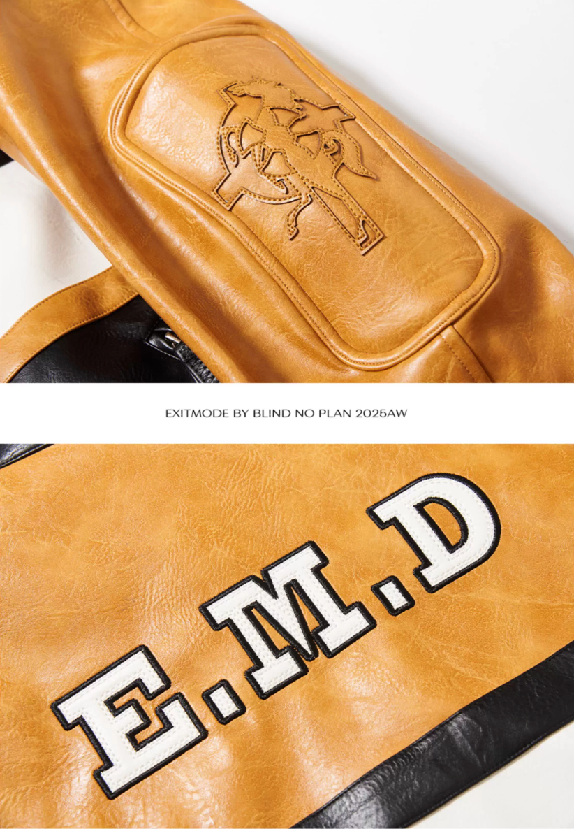 BLIND NO PLAN Color Block Short Racing Leather Jacket | Face 3 Face