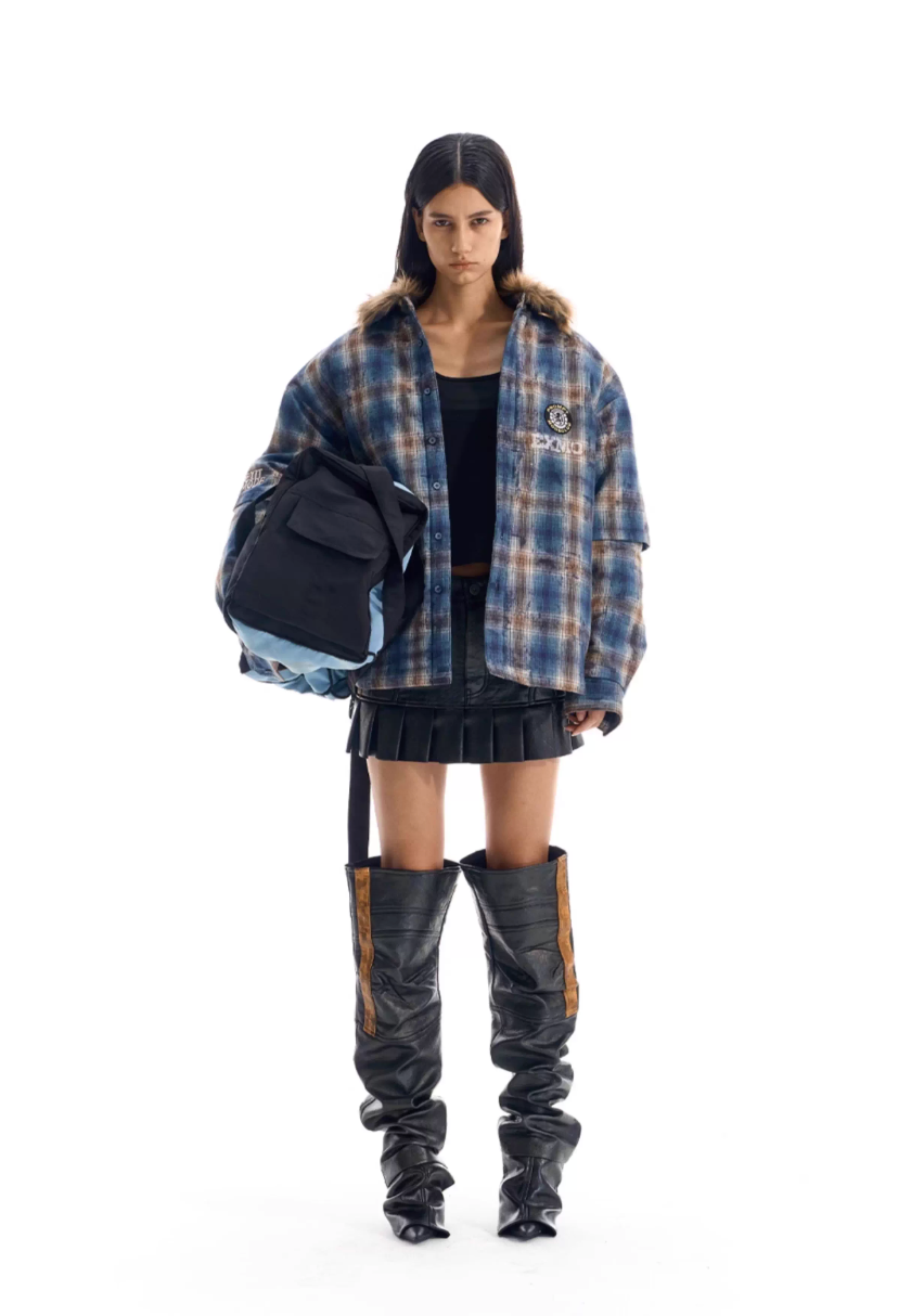 BLIND NO PLAN Fur Collar Plaid Padded Shirt Jacket | Face 3 Face
