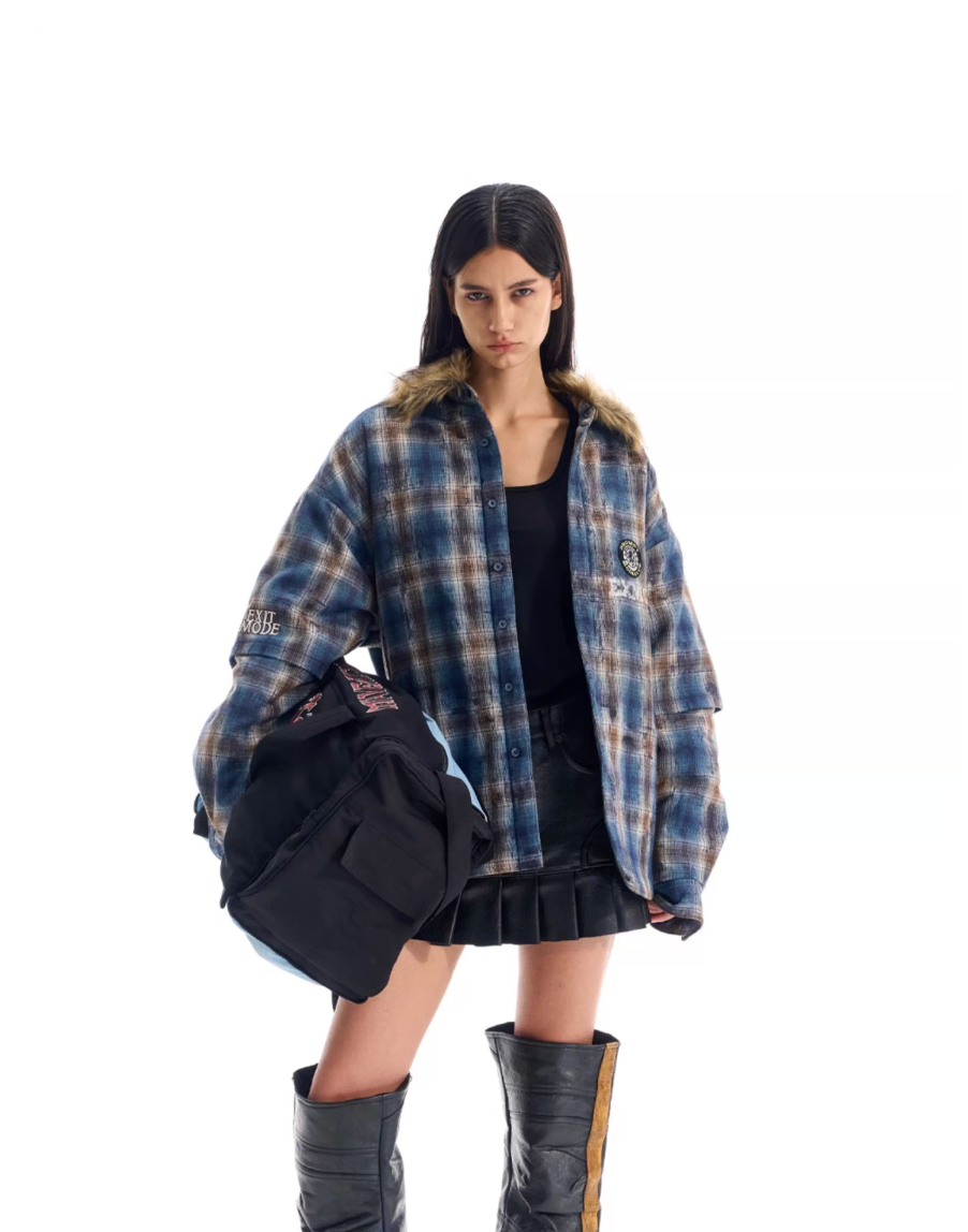 BLIND NO PLAN Fur Collar Plaid Padded Shirt Jacket | Face 3 Face