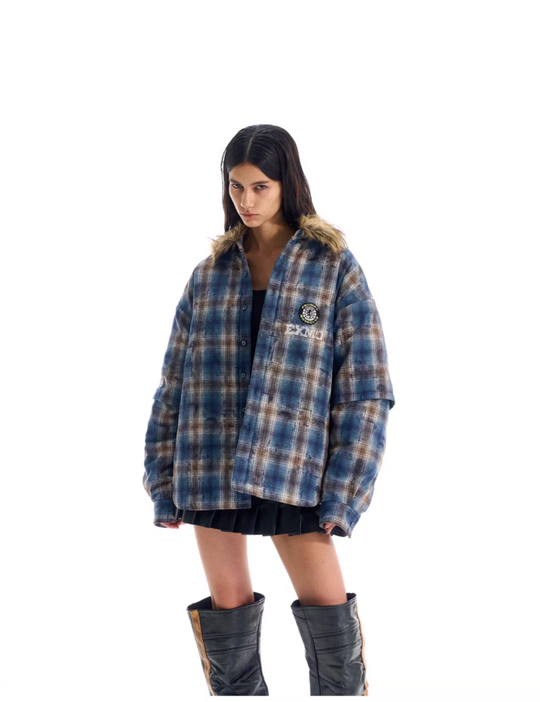 BLIND NO PLAN Fur Collar Plaid Padded Shirt Jacket | Face 3 Face