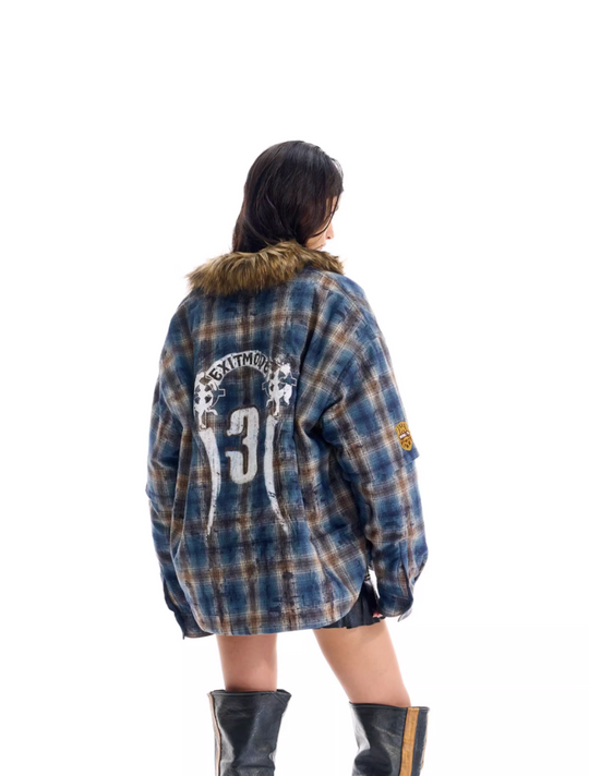 BLIND NO PLAN Fur Collar Plaid Padded Shirt Jacket | Face 3 Face