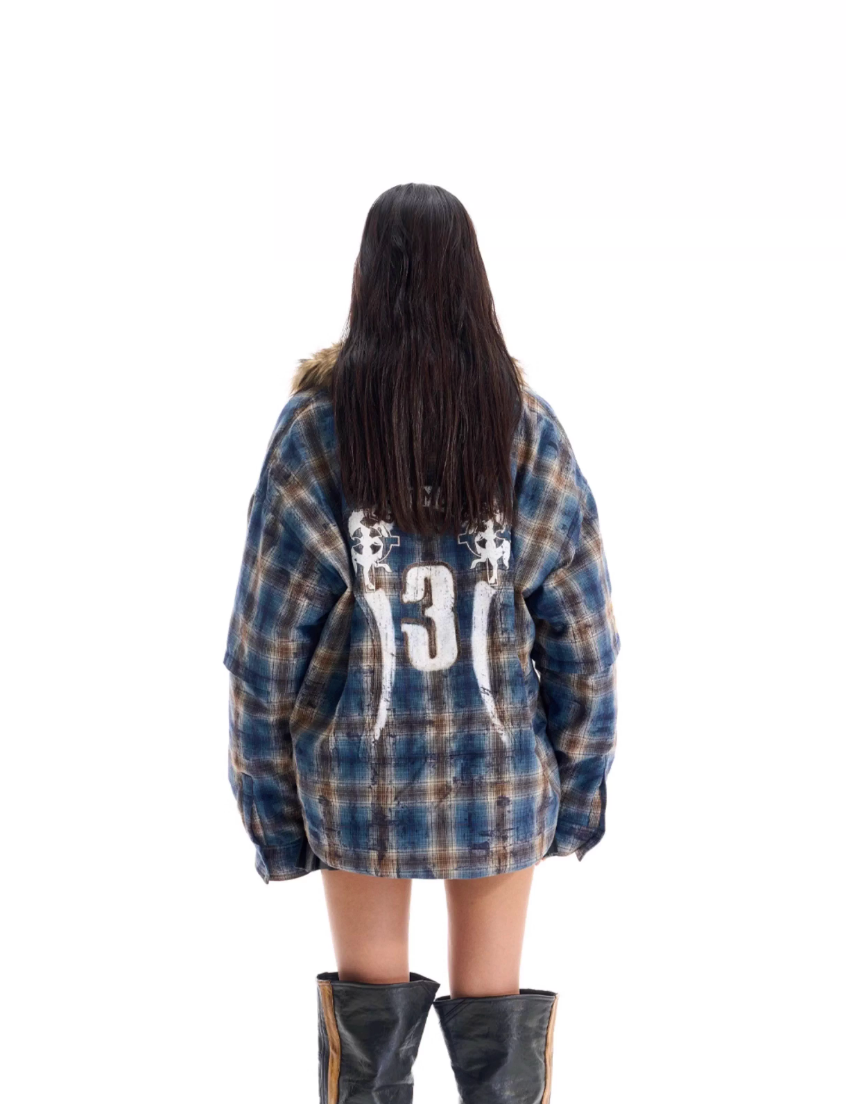 BLIND NO PLAN Fur Collar Plaid Padded Shirt Jacket | Face 3 Face