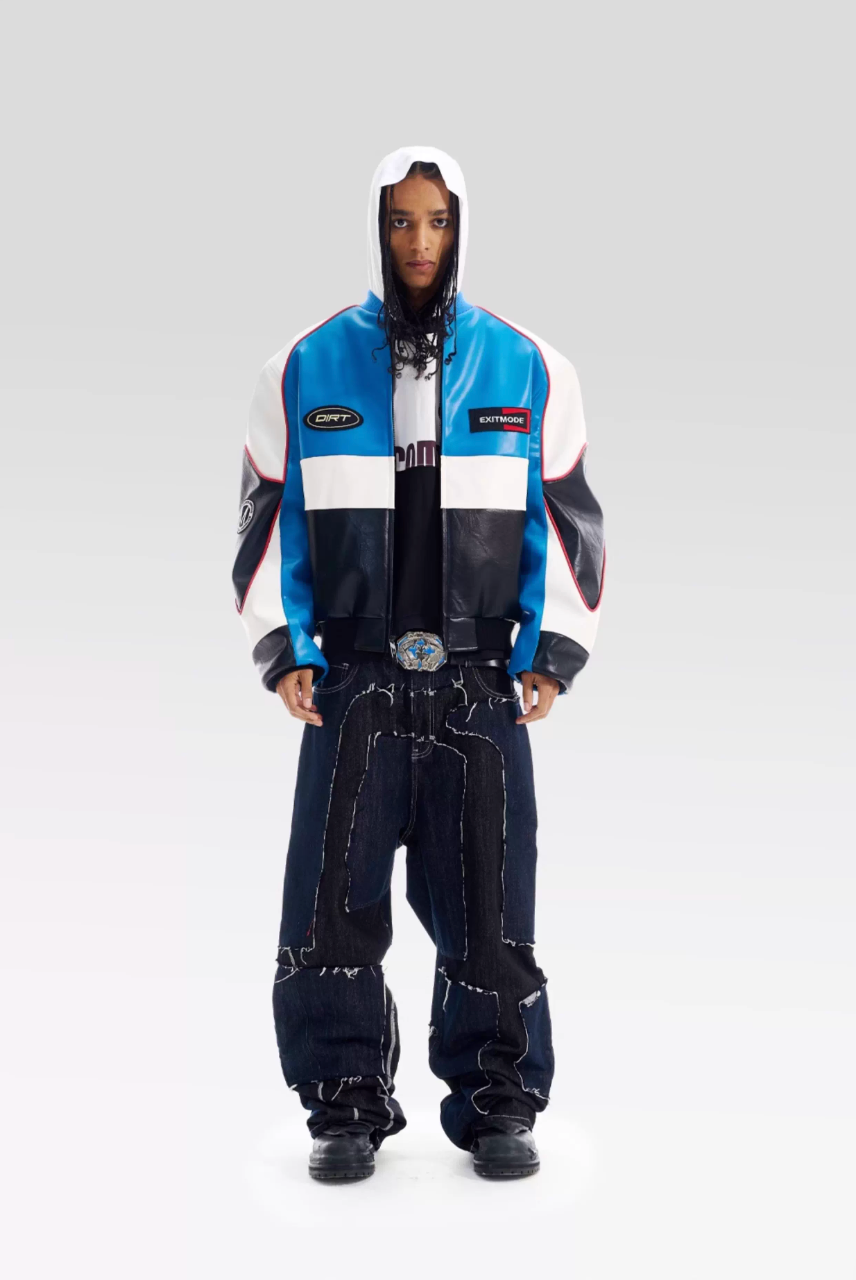 BLIND NO PLAN Color Block Embroidered Racing Leather Jacket | Face 3 Face