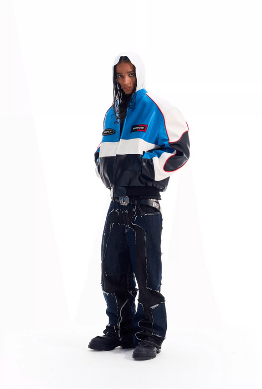 BLIND NO PLAN Color Block Embroidered Racing Leather Jacket | Face 3 Face