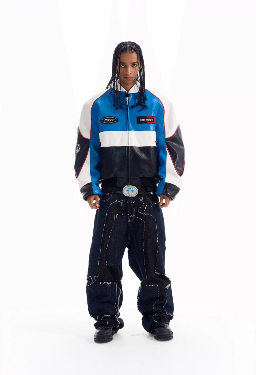 BLIND NO PLAN Color Block Embroidered Racing Leather Jacket | Face 3 Face