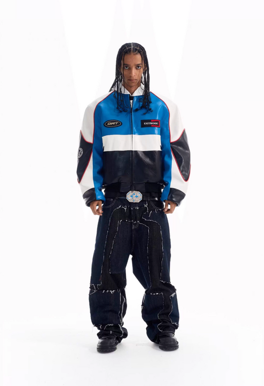 BLIND NO PLAN Color Block Embroidered Racing Leather Jacket | Face 3 Face