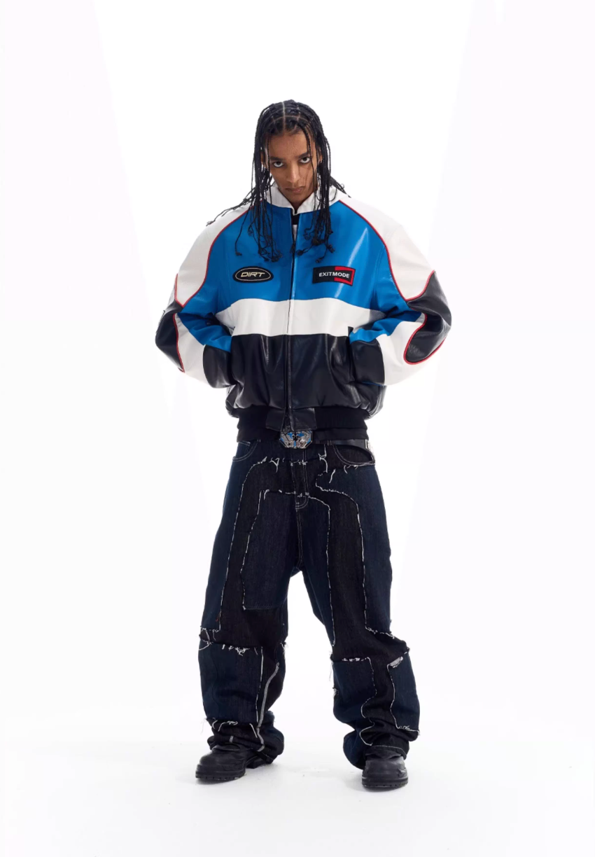 BLIND NO PLAN Color Block Embroidered Racing Leather Jacket | Face 3 Face