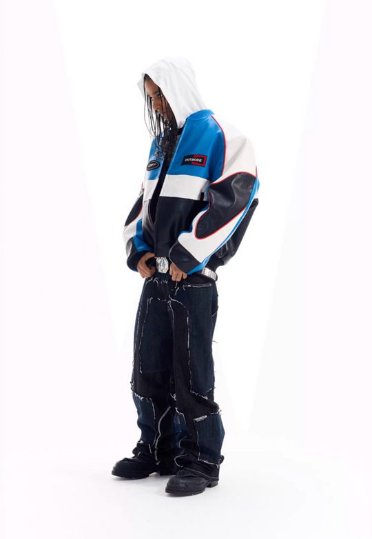 BLIND NO PLAN Color Block Embroidered Racing Leather Jacket | Face 3 Face
