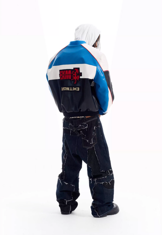 BLIND NO PLAN Color Block Embroidered Racing Leather Jacket | Face 3 Face