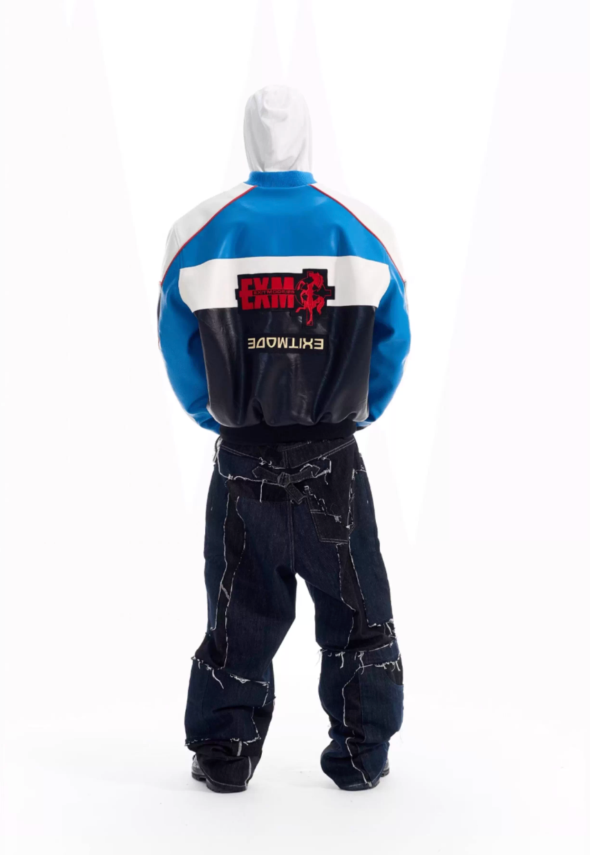 BLIND NO PLAN Color Block Embroidered Racing Leather Jacket | Face 3 Face