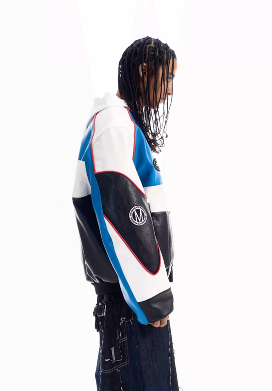 BLIND NO PLAN Color Block Embroidered Racing Leather Jacket | Face 3 Face