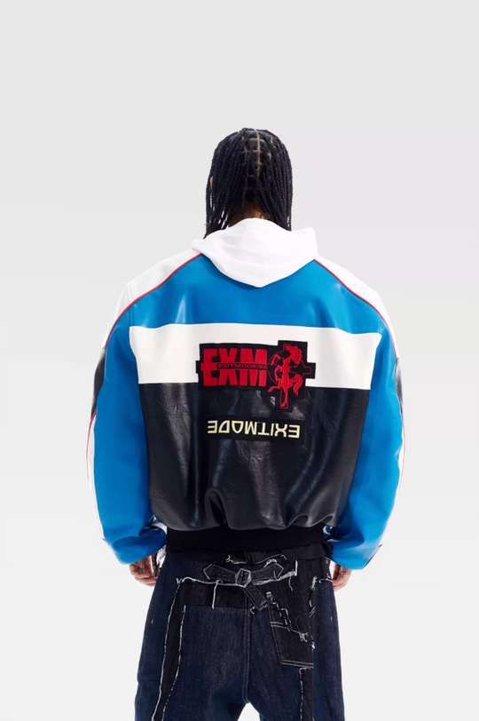 BLIND NO PLAN Color Block Embroidered Racing Leather Jacket | Face 3 Face