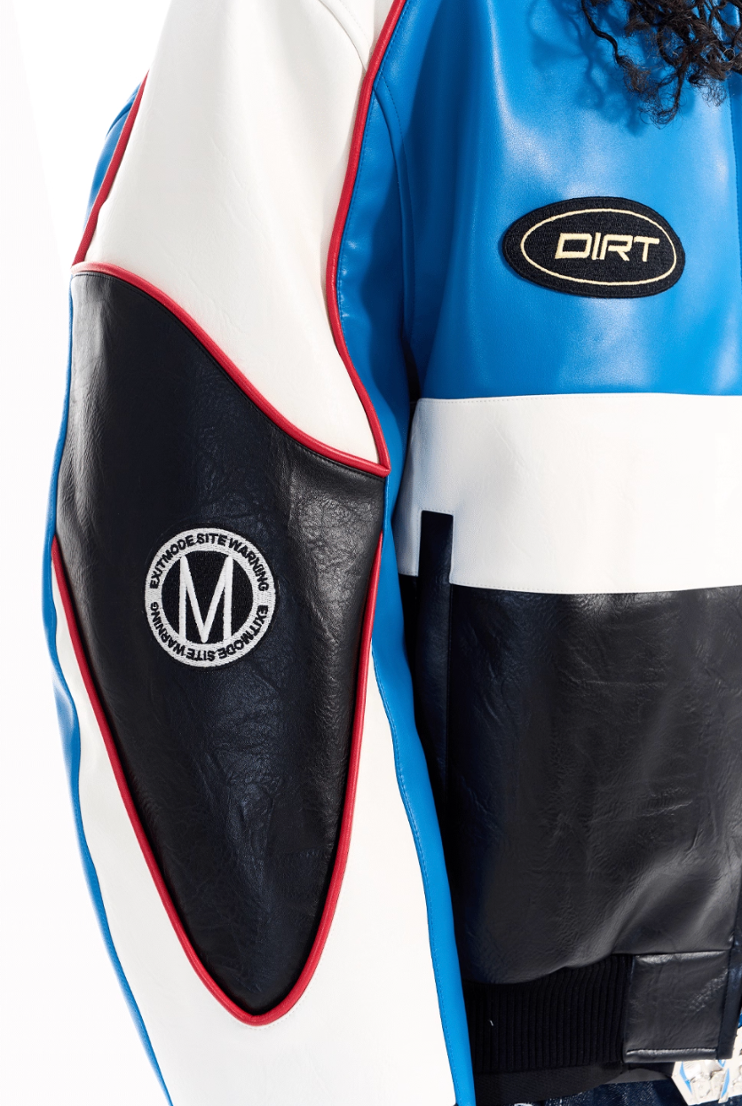 BLIND NO PLAN Color Block Embroidered Racing Leather Jacket | Face 3 Face