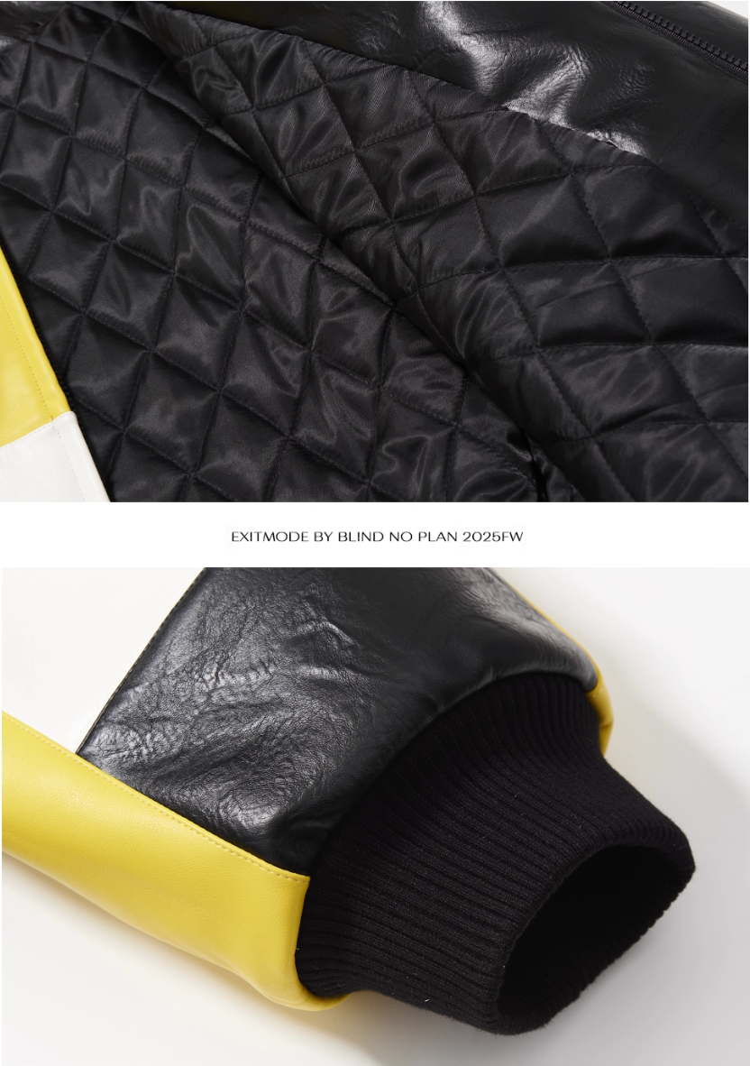 BLIND NO PLAN Color Block Embroidered Racing Leather Jacket | Face 3 Face